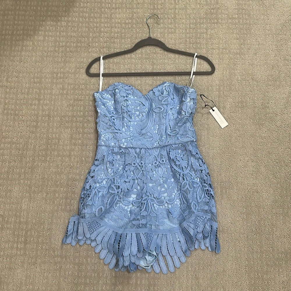 Lovers + Friends Light Blue Lace Strapless Romper